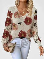 Thea - Women's Floral Knit Sweater with Lace Sleeves