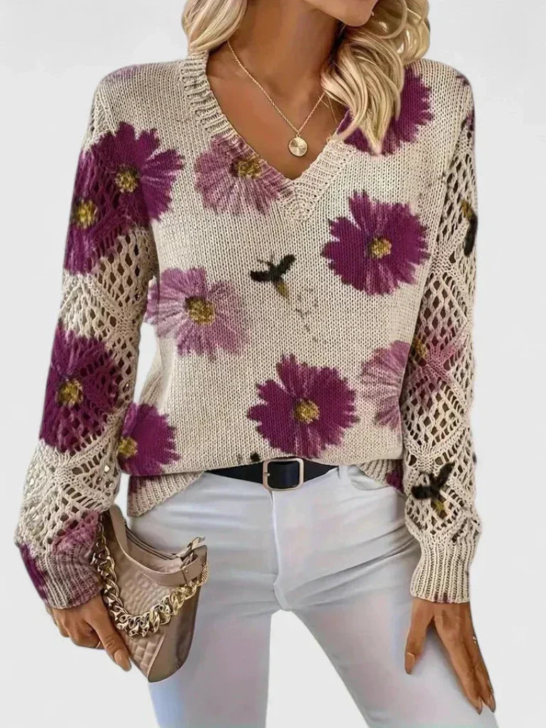 Thea - Women's Floral Knit Sweater with Lace Sleeves