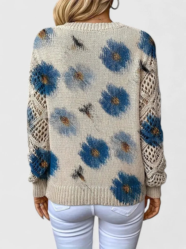 Thea - Women's Floral Knit Sweater with Lace Sleeves