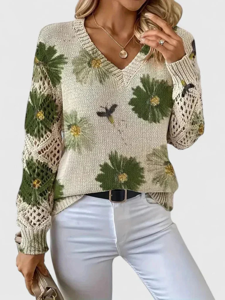 Thea - Women's Floral Knit Sweater with Lace Sleeves