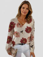 Thea - Women's Floral Knit Sweater with Lace Sleeves