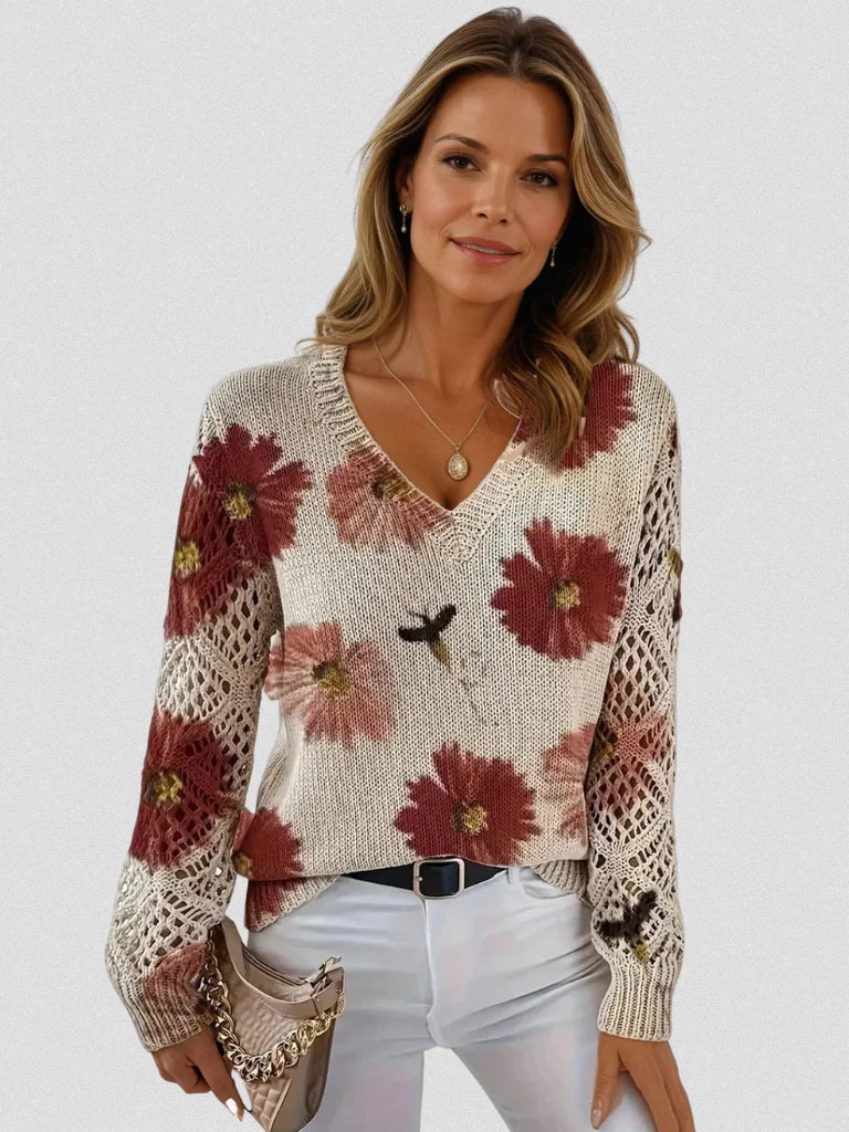 Thea - Women's Floral Knit Sweater with Lace Sleeves
