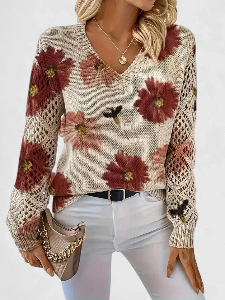 Thea - Women's Floral Knit Sweater with Lace Sleeves