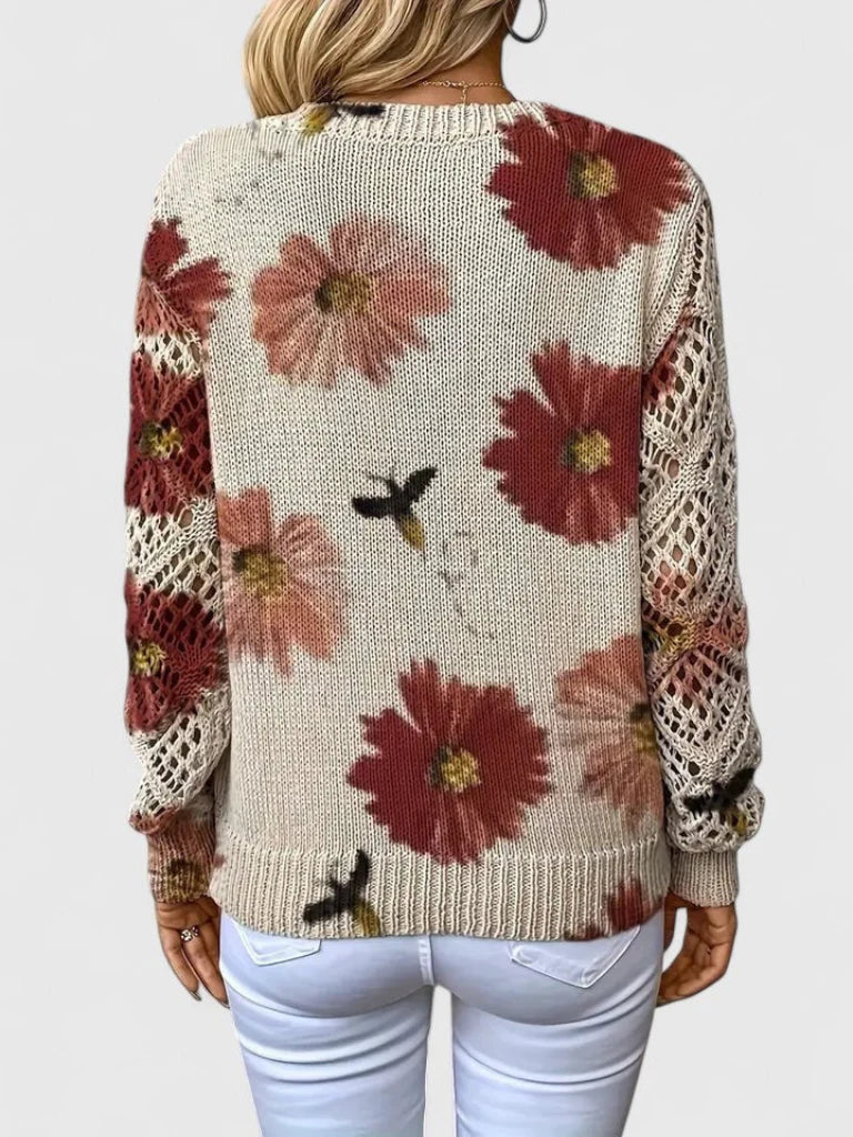 Thea - Women's Floral Knit Sweater with Lace Sleeves