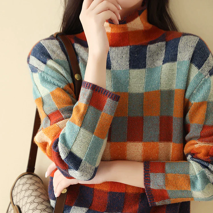 Thea - Women's Geometric Patchwork Knit Turtleneck Sweater