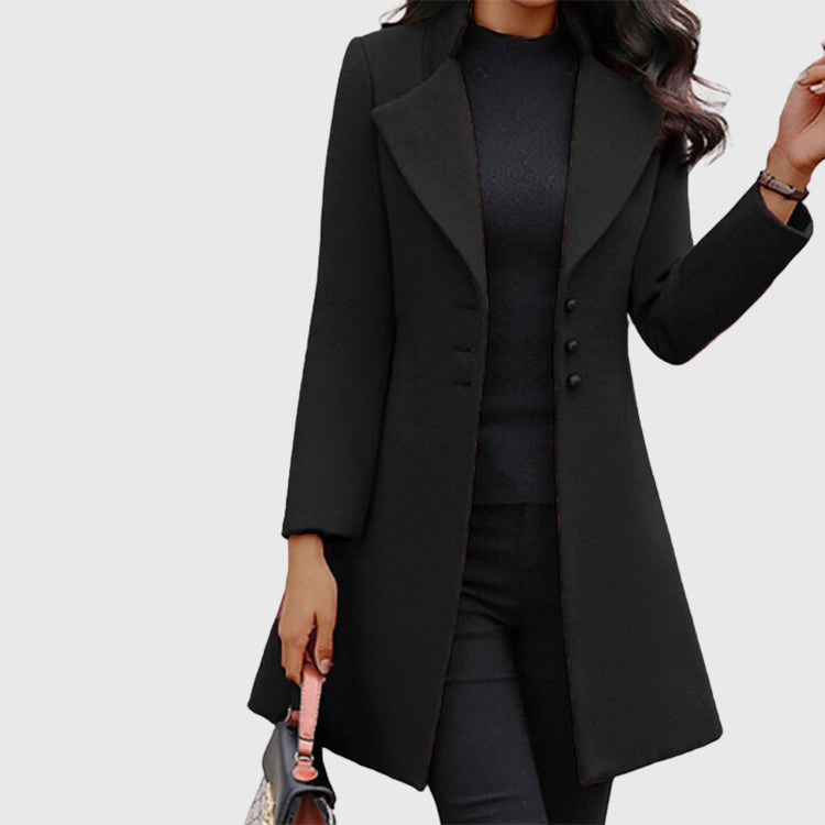Trinity - Women's Button-Front Longline Coat with Wide Lapels
