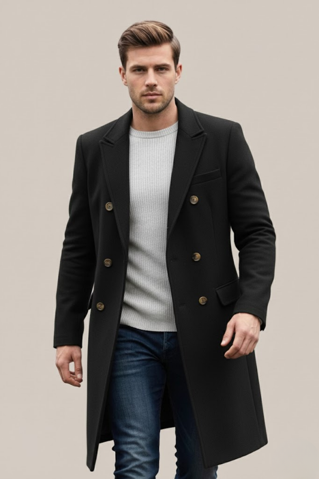 Tristan - Men's Double-Breasted Overcoat with Notch Lapels