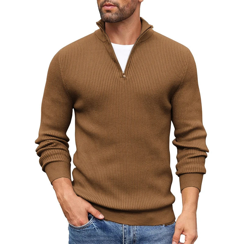 Tyron - Men's Quarter-Zip Mock Neck Vertical Ribbed Sweater