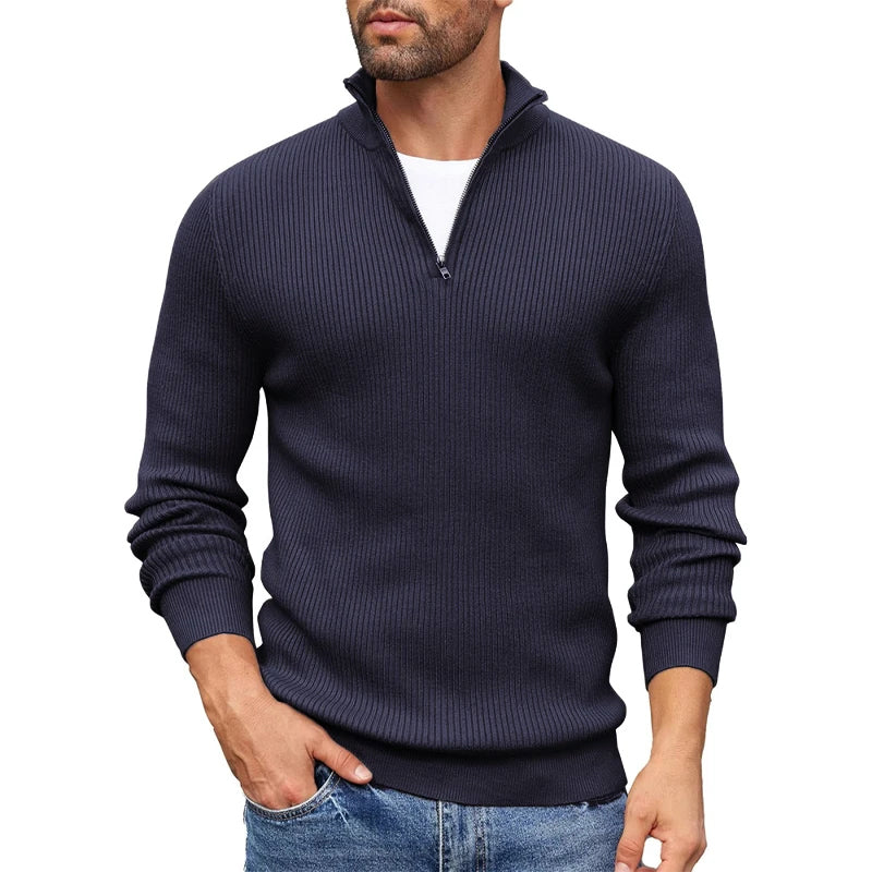 Tyron - Men's Quarter-Zip Mock Neck Vertical Ribbed Sweater