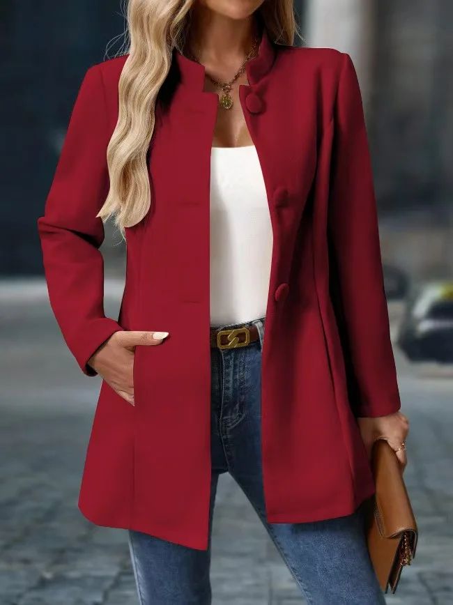 Venetia - Women's Button-Front A-Line Coat with Rolled Collar