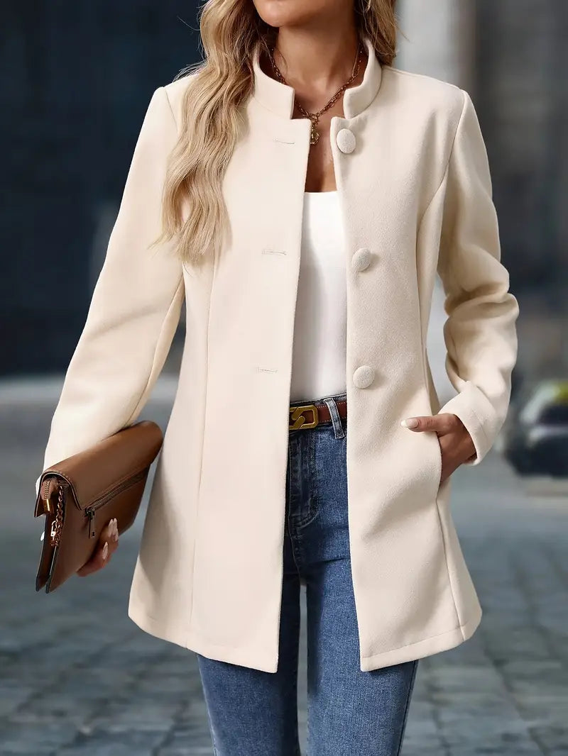 Venetia - Women's Button-Front A-Line Coat with Rolled Collar