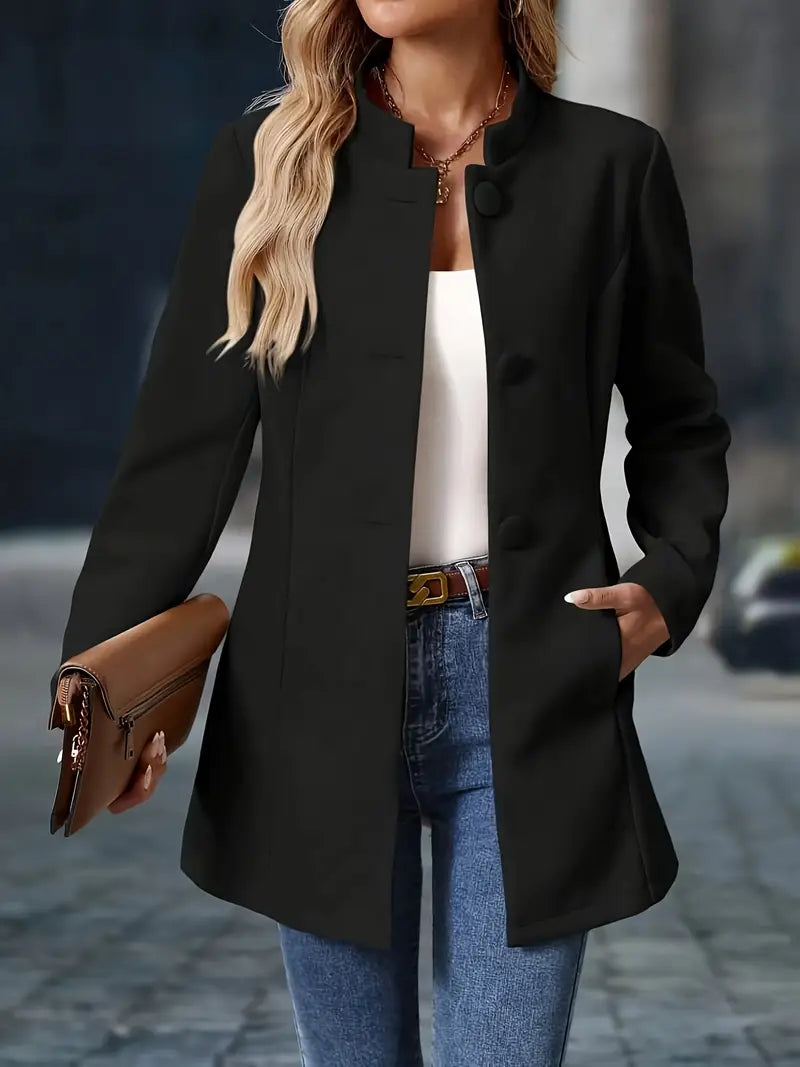 Venetia - Women's Button-Front A-Line Coat with Rolled Collar