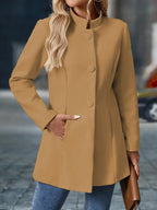 Venetia - Women's Button-Front A-Line Coat with Rolled Collar