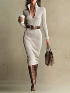 Venetia - Women's Ribbed V-Neck Midi Dress with Buckle Belt