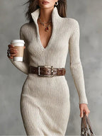 Venetia - Women's Ribbed V-Neck Midi Dress with Buckle Belt