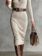 Venetia - Women's Ribbed V-Neck Midi Dress with Buckle Belt