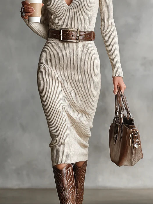 Venetia - Women's Ribbed V-Neck Midi Dress with Buckle Belt