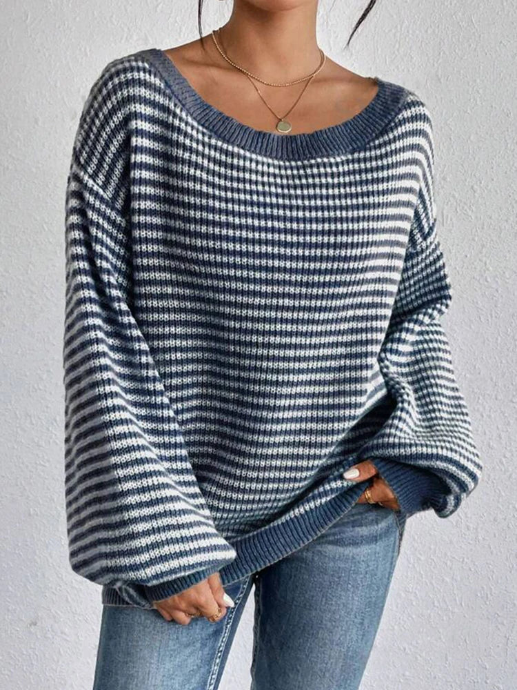 Veronica - Women's Striped Lantern-Sleeve Oversized Sweater