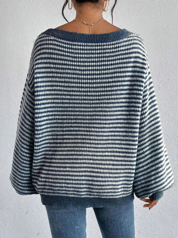 Veronica - Women's Striped Lantern-Sleeve Oversized Sweater