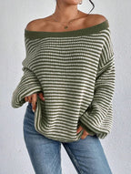 Veronica - Women's Striped Lantern-Sleeve Oversized Sweater
