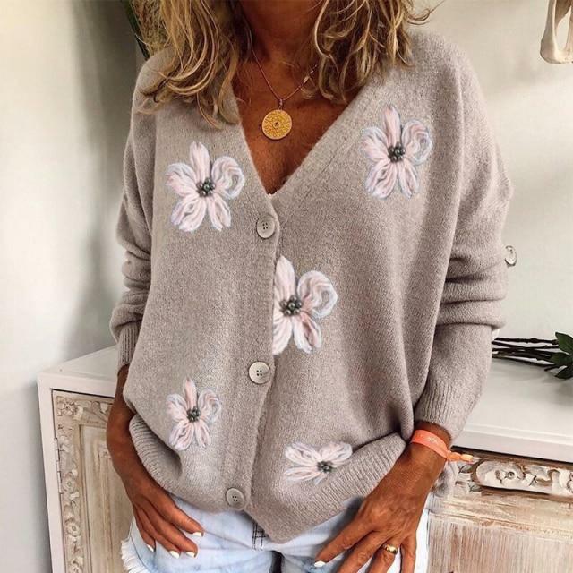 Zinnia - Women's Floral-Embroidered Button Cardigan